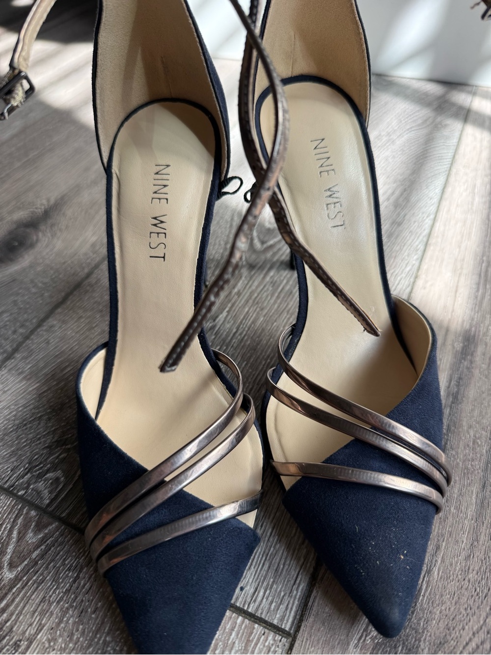 Nine West Navy Suede Pointed Toe Heels with Metallic Straps